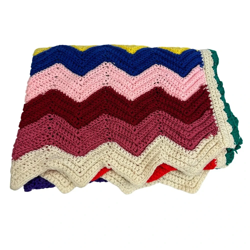 Colorful Crochet Afghan‎ Blanket Throw Retro Chevron Pattern Handmade 52x34